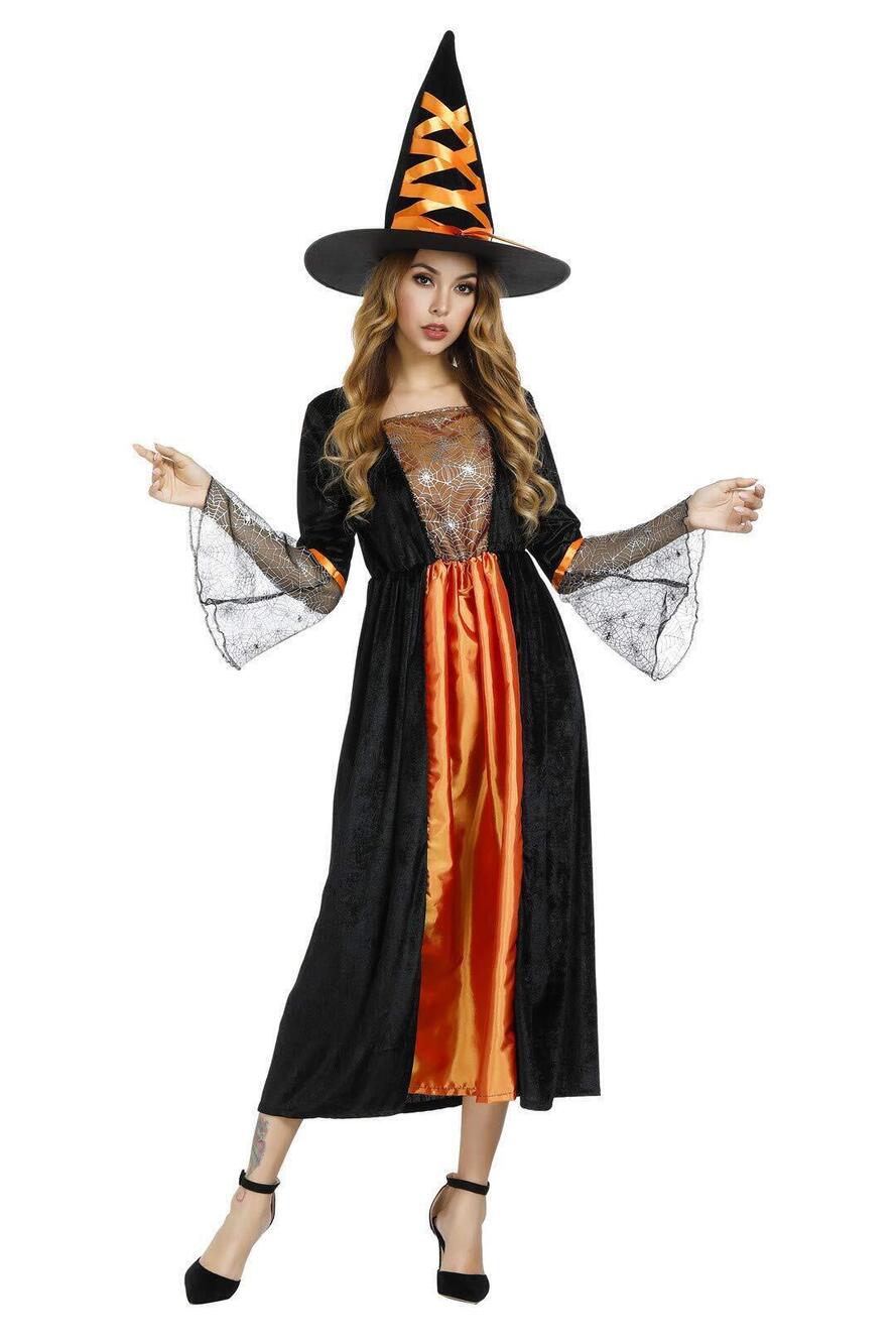 1430 Wicked Witch Costume Long Sorceress Classic Dress with Hat Fancy Party